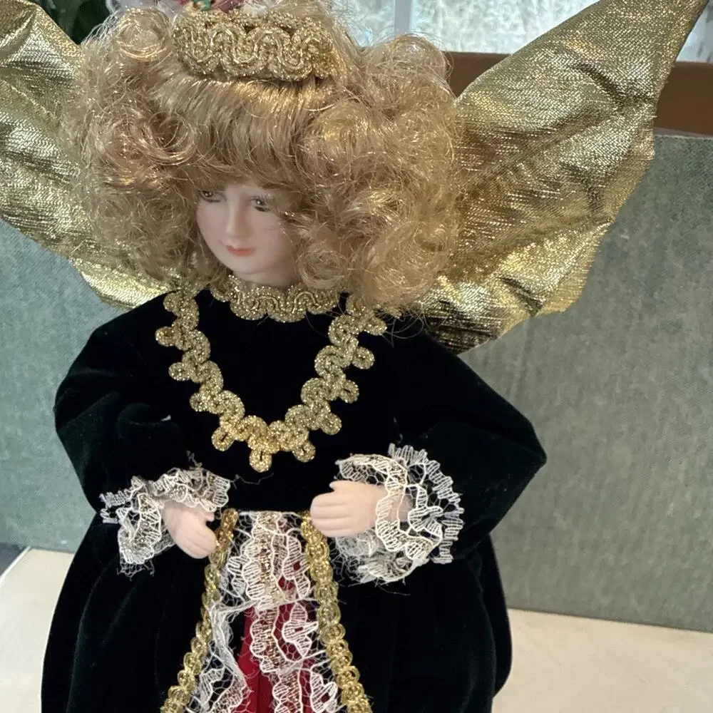 Angel Porcelain Face Hand Table Treetoper 12.5” Christmas Red Green Crush Velvet